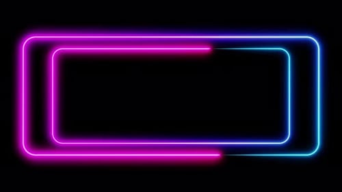 Double neon frame purple and cyan lights motion loops square on black background 3d render. Neon