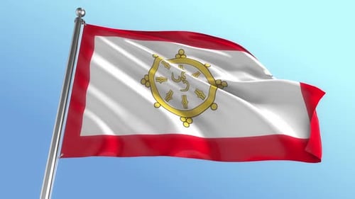 Waving Buddhist Flag with Dharma Wheel Symbol