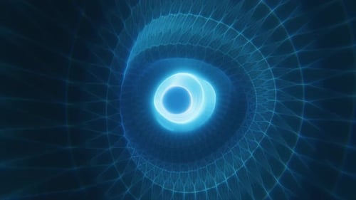 A glowing blue vortex with wireframe patterns converging toward the center