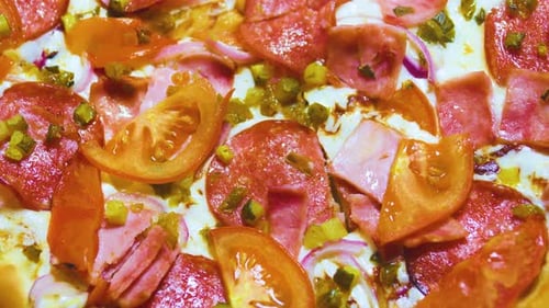 Fresh Italian Tomato Salami Jalapeno Pizza Close Up