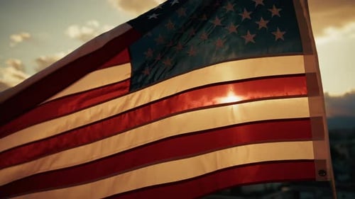 American Flag Waving at Sunset