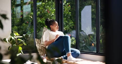 Creative, writing and woman with notebook, window and planning for story with ideas and inspiration