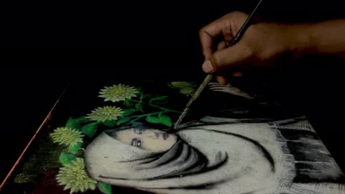 Artist Painting Portrait of Woman with Veil and Flowers