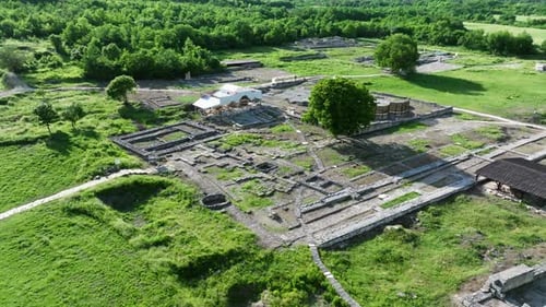 Drone view of stone foundation ruins at Veliki Preslav archaeological site in Bulgaria