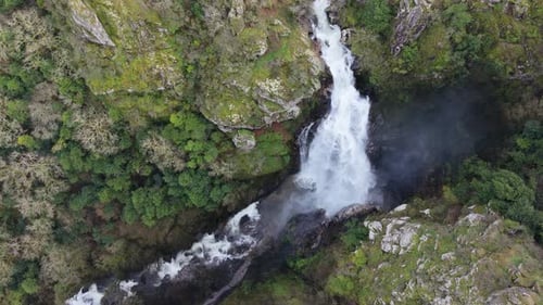 Waterfall Of The Toxa River In Quintas, Silleda, Spain - Drone Shot