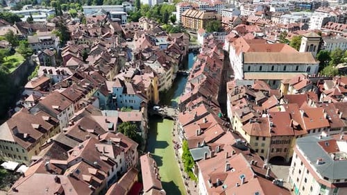 Bird's-eye view of Annecy, a scenic town surrounded by mountains, France