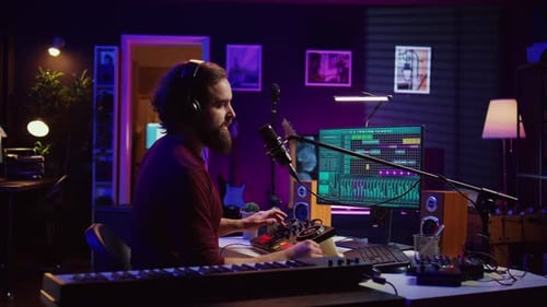 Music Producer Singing at Home Studio Microphone to Record Songs