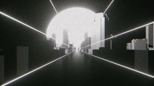 Abstract Monochrome Futuristic City Drive with Glitch Effect
