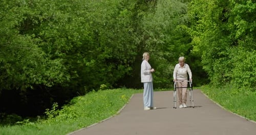 Senior Woman Walks with Walker in Sunny Park