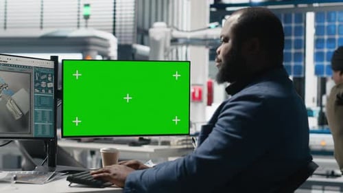 Un spécialiste technique masculin examine la chaîne de montage à côté d'une maquette sur PC