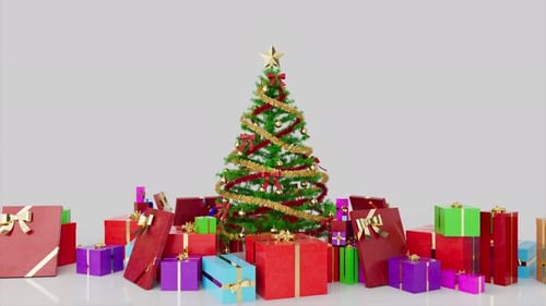 3D Fancy Christmas Tree And Colorful Gift Boxes Top To Center Rotate And Zoom Animation