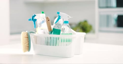 Basket, cleaning chemical and hygiene with bottle of disinfectant spray, brush and service
