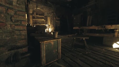 Dark Rustic Workshop with Wooden Tools and Shelves Illuminated By Dim Light