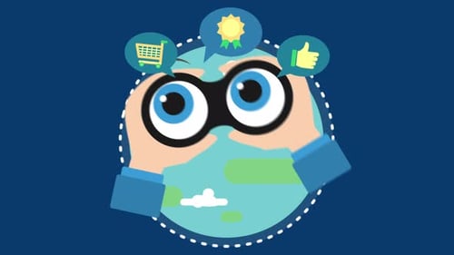 Flat Design Animation of Hands Holding Binoculars Over Globe with Business Icons