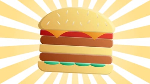 Animated Cartoon Burger with Rotating Sunburst Background