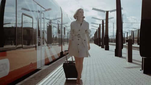 Confident Woman With Luggage Walking on Railway Station