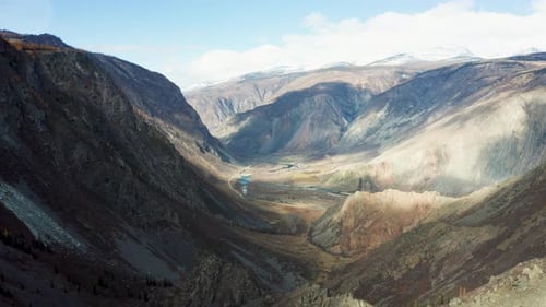 Aerial view of mountain range and valley, Russia.