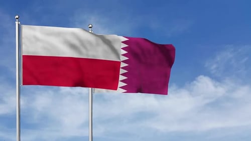 Poland and Qatar Flags Waving Together in Blue Sky