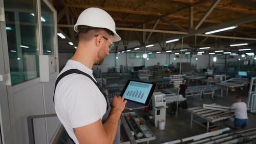 Windows Factory Foreman is Using a Laptop with an Engineering Software on Production Line