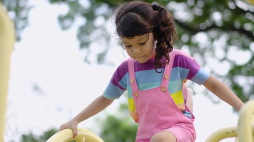 Adorable mixed race girl play on the playground in the park, hanging on their hands like monkeys