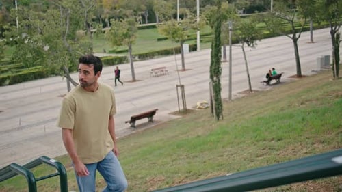 Relaxed Guy Going Upstairs City Park at Summer Weekend Italian Man Walking Up