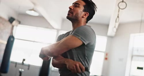 Jumping motion, skipping rope or man in gym with fitness for health, training