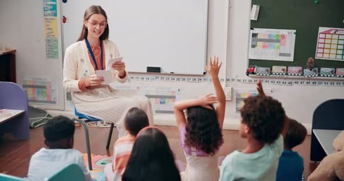 Teacher Reads to Elementary Students in Classroom