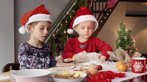 Children Making Christmas Cookies in Festive Kitchen