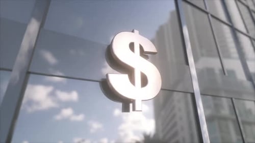 Dollar Currency Symbol on a Modern Glass Skyscraper Mirrored Sky and City on Modern Facade Business
