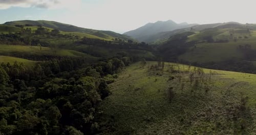 Aerial 4K drone flight footage over the hills of a lush green forest.