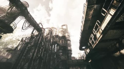 Eerie Factory Scene with Moody Lighting and Abandoned Equipment