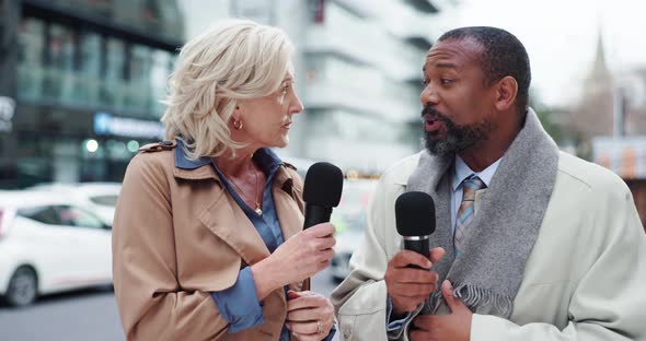 Talking, microphone and reporters with interview in city with ...