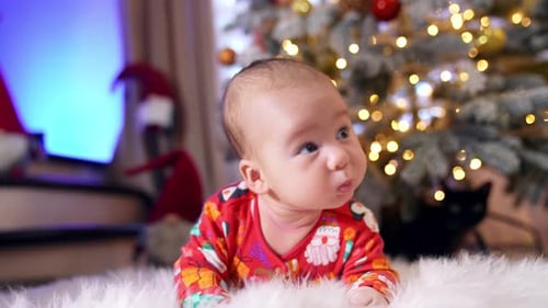 Infant Lying Near Christmas Tree at Home