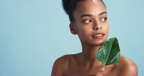 Beauty studio portrait, black woman leaf natural skincare and wellness, feminine body