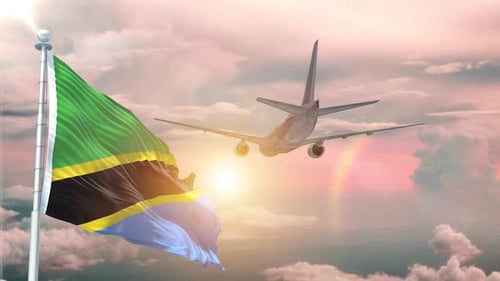 Tanzania Flag Waving Realistic With Sky Plane Takes Off At Sunrise