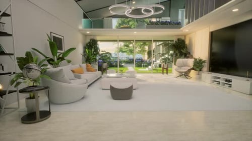 Modern White Interior With Beautiful Backyard View. Home Living Room Design
