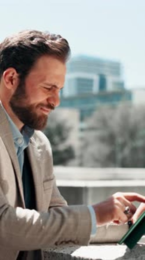 City, property development and tablet with business man outdoor for location planning or research
