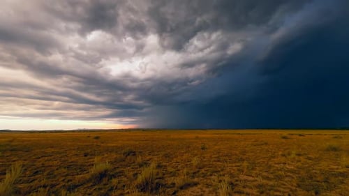 Dunkle Gewitterwolken wirbeln über der weiten goldenen Prärielandschaft