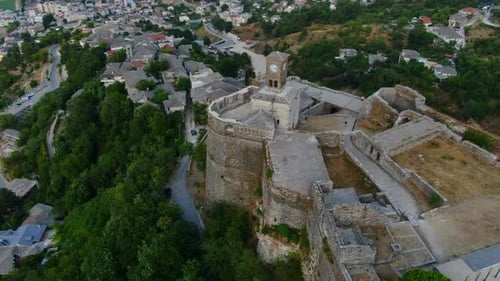 Drone shot 4k of clock of Gjirokastra castleGjirokastra Castle is a castle in Gjirokastra, Albania.