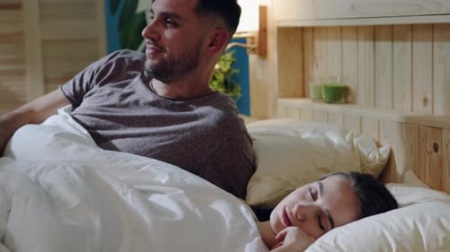 Loving Couple Waking Up, Affectionate Morning in Bedroom