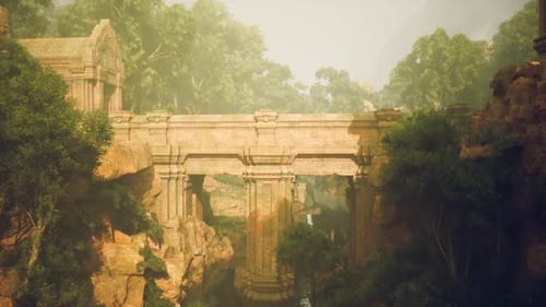 Ancient Bridge Connecting Rocky Cliffs Amidst Lush Greenery at Sunrise