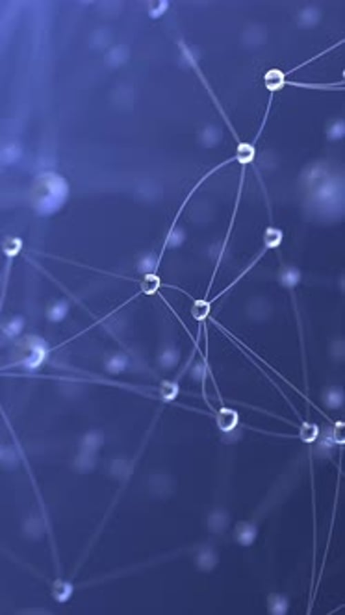 Réseau 3D avec des nœuds en forme de goutte de rosée sur fond bleu.