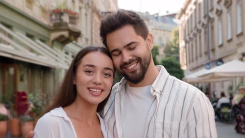 Close Up Young European Caucasian Happy Couple Woman Man Together City Outside Bonding Love Support