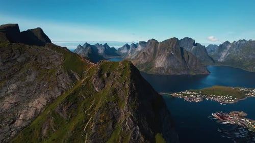 Reinebringen viewpoint Lofoten Islands in summer. Arctic sea, coastal landscape. Norway aerial drone
