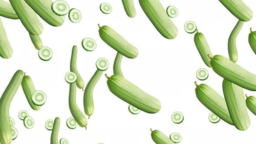 Animated Cucumbers and Slices Falling on White Background