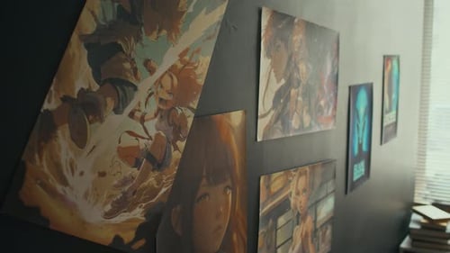 Colorful Posters with Anime or Game Heroes on Wall
