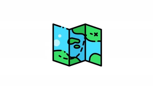 Zusammengeklappte Karte mit grünen und blauen Markierungen, Icon-Animationsvideo