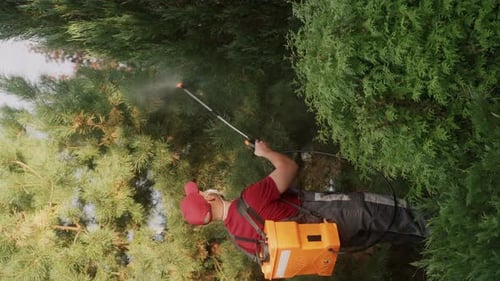 Gärtner, der Insektizid mit einem professionellen Sprühgerät aufträgt