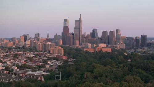 Aerial view of Downtown Philadelphia at dusk