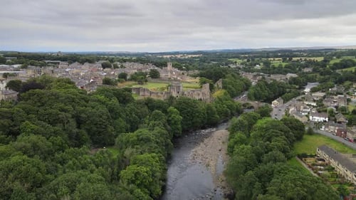 Barnard Castle and river Tees County Durham,UK rising Drone footage